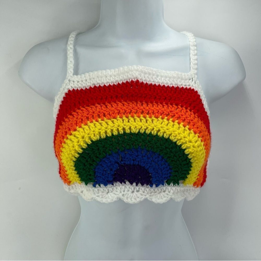 Handmade Napper brand rainbow crop top halter adjustable pride crochet XL NEW - Picture 6 of 16